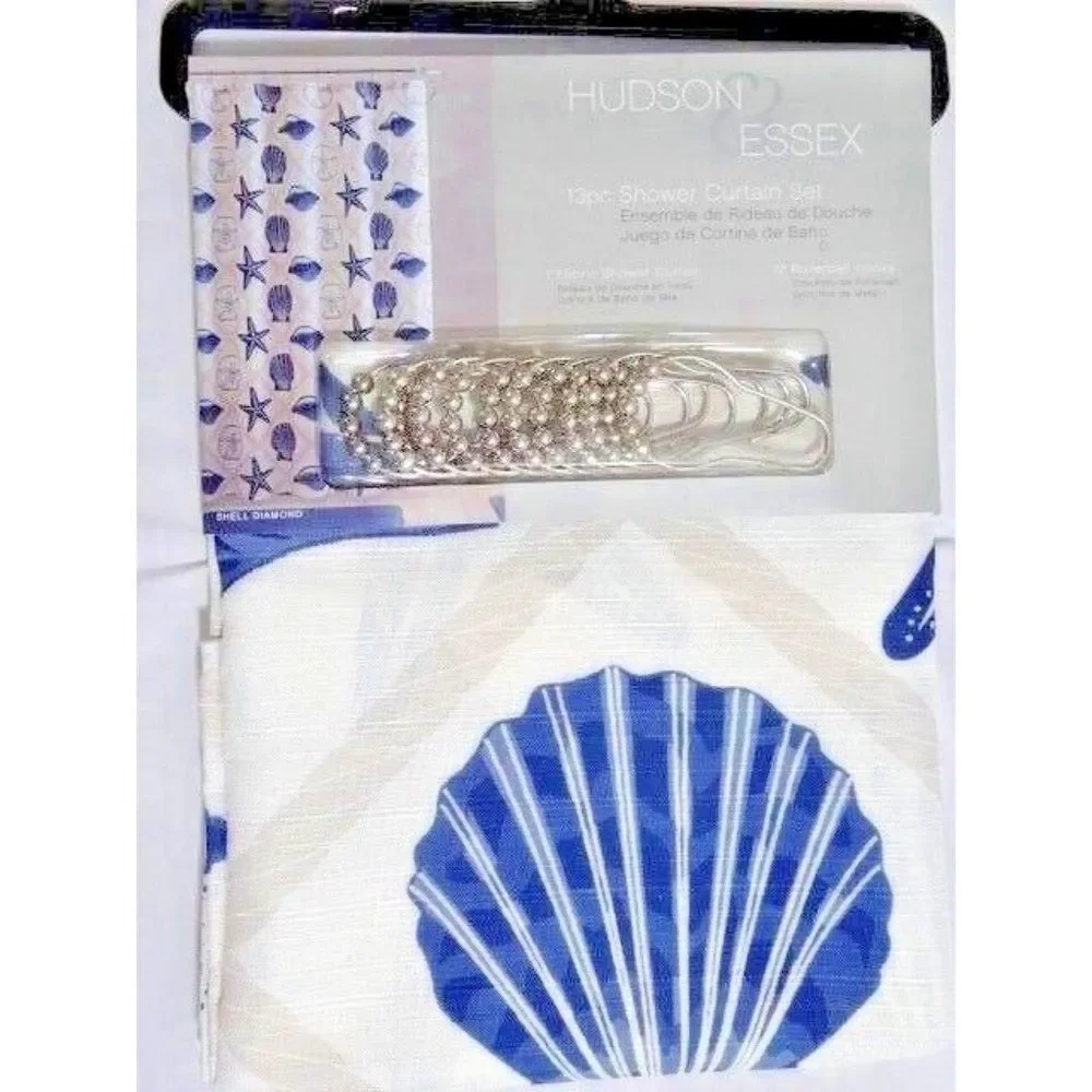 Sea Shells Diamond Shower Curtain and Roller Hooks Blue White Nautical Bath Gift